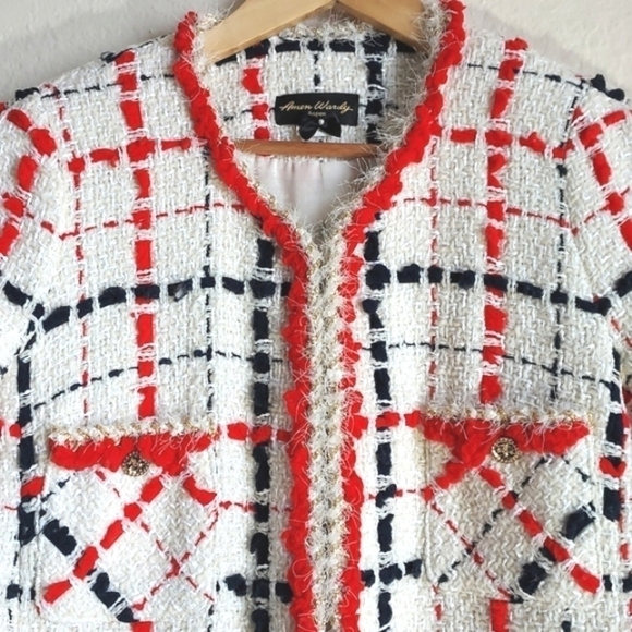 NWOT Amen Wardy Check Pattern Tweed Long Coat Size FR46 - Picture 2 of 16